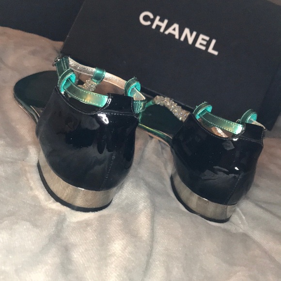 Chanel Sandal Hand Beaded Black Silver and Teal - Picture 5 of 8